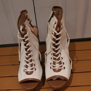 Size 6.5M, White and Brown Lace-Up Wedges By Steven Madden